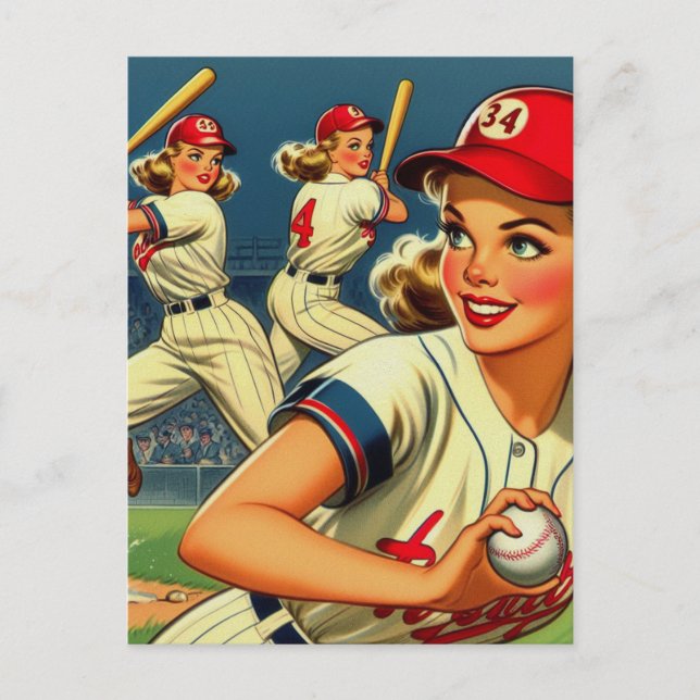 Vintage Baseball Girls Illustration Postcard (Front)