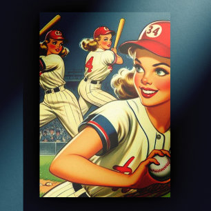 Vintage Baseball Girls Illustration Postcard