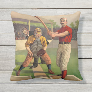 Vintage Baseball Illustration Batter and Catcher Outdoor Cushion