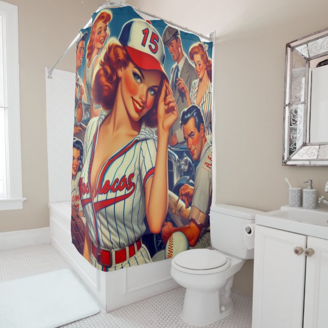 Vintage Baseball Illustration Shower Curtain (In Situ)