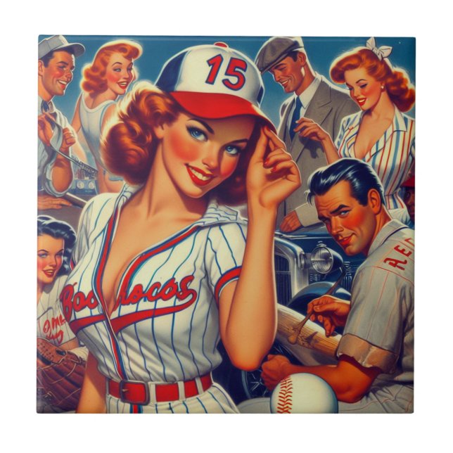 Vintage Baseball Illustration Tile (Front)
