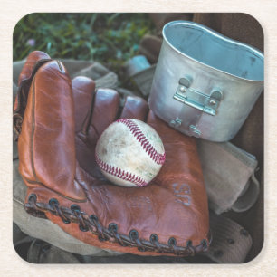 Vintage Baseball Mit and Ball Baseball Glove Amer Square Paper Coaster