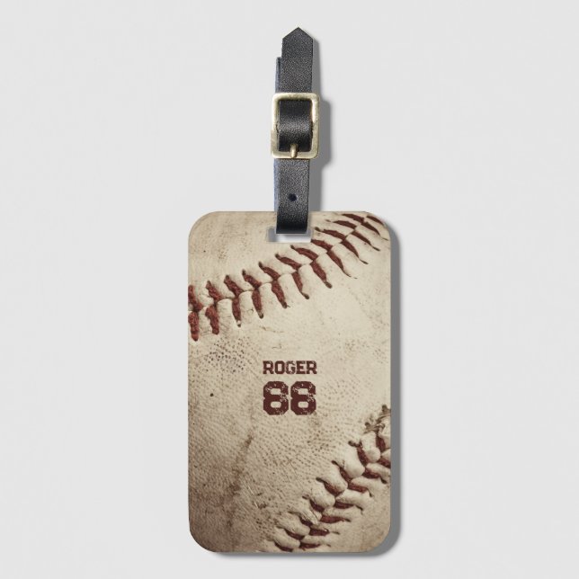 Vintage Baseball Name Number Rustic Retro Luggage Tag (Front Vertical)