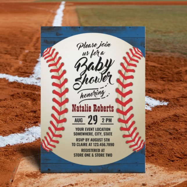 Vintage Baseball Navy Barn Wood Baby Shower Invitation (Creator Uploaded)