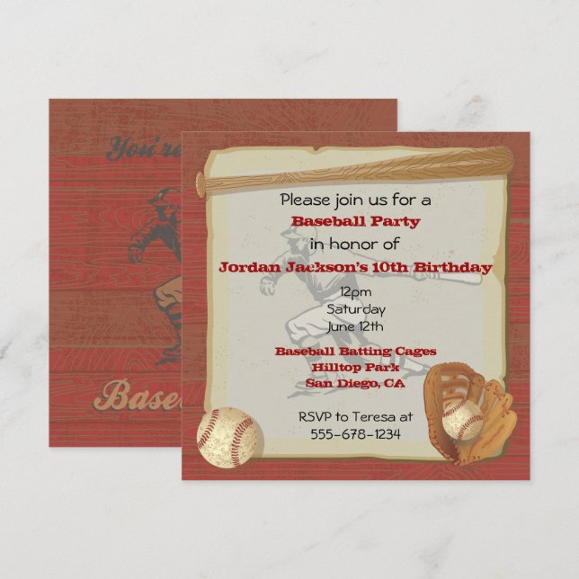 Vintage Baseball Party Invitation Card (Front/Back)