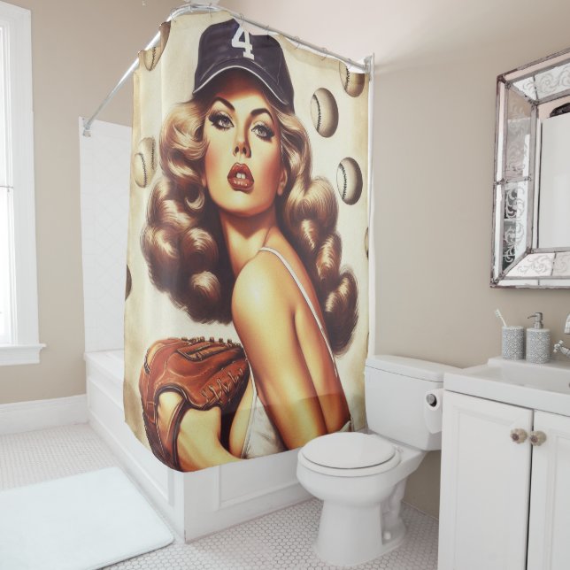 Vintage Baseball Pin-Up Shower Curtain (In Situ)