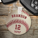 Vintage Baseball Player Name Number Personalized Key Ring<br><div class="desc">This personalized baseball keychain makes an ideal gift for the baseball player, coach or player's fan you know. Personalize with name, jersey number, team name or other text. ASSISTANCE: For help with design modification or personalization, transferring the design to another product or if you would like coordinating items, contact the...</div>