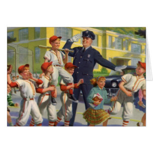 Vintage Baseball Players and Police Crossing Guard