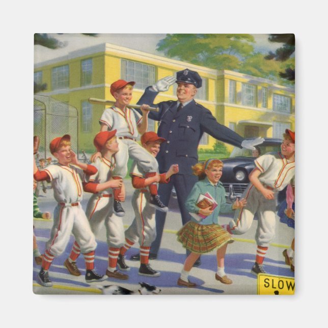 Vintage Baseball Players and Police Crossing Guard Magnet (Front)