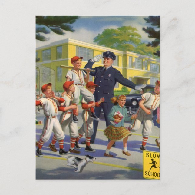 Vintage Baseball Players and Police Crossing Guard Postcard (Front)