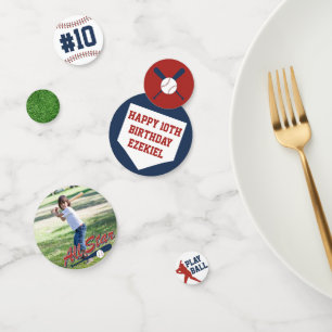 Vintage Baseball Red and Navy Blue Birthday Photo Confetti