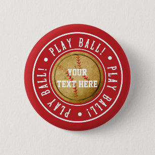 Vintage BASEBALL Red PLAY BALL Party Pin BUTTON