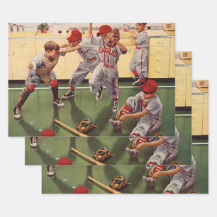 Vintage Baseball Sports Team, Boys Roughhousing Wrapping Paper Sheet