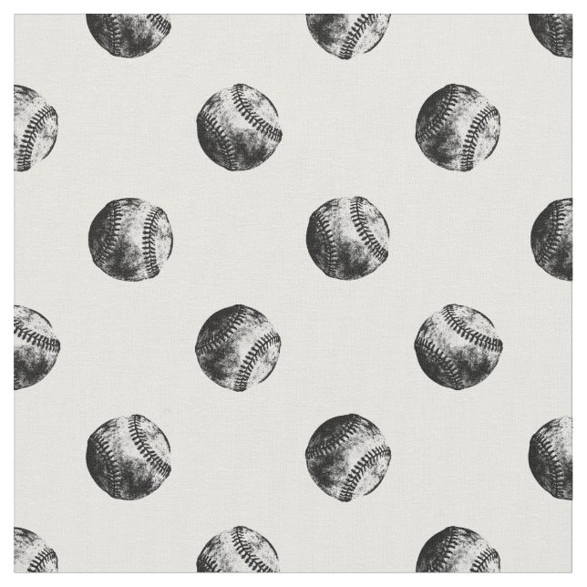 Vintage Baseballs Pattern Black & White Baseball Fabric (Close Up)