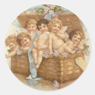 Vintage Basket Full Of Angel Cherubs Classic Round Sticker