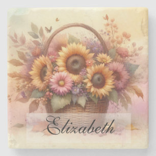 Vintage basket of fall flowers pastels watercolor stone coaster