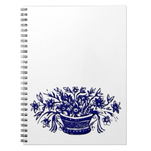 Vintage Basket of Flowers Blue Woodcut Notebook