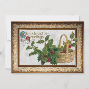 Vintage Basket of Holly and Christmas Greetings Holiday Card