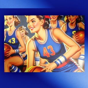 Vintage Basketball Girls Illustration Postcard
