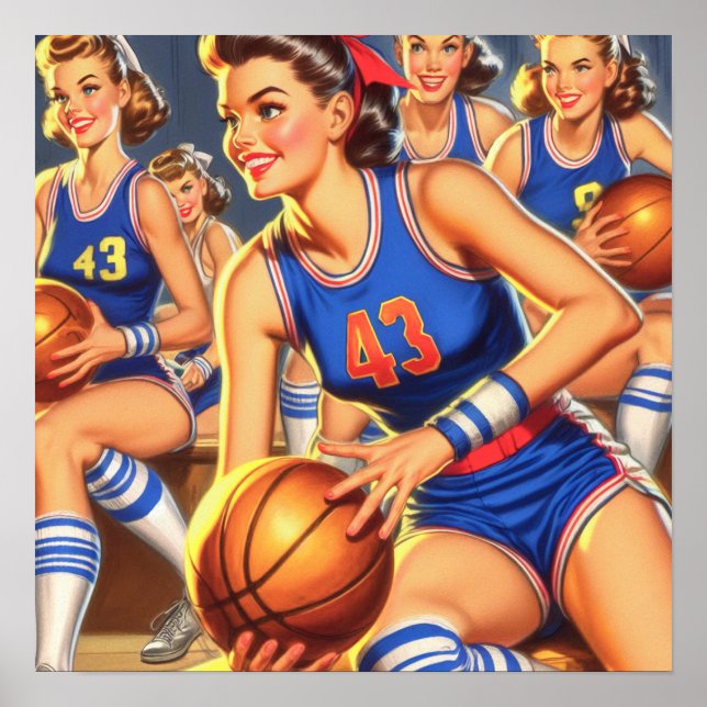 Vintage Basketball Girls Illustration Poster (Front)