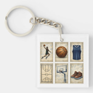Vintage Basketball Stamps Sports Collection Key Ring