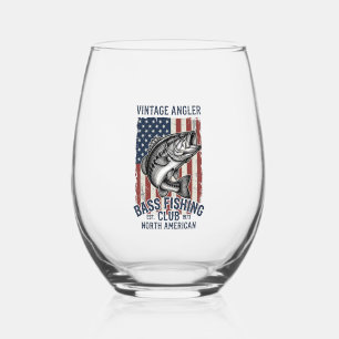 Vintage Bass Fishing American Flag Shirt Design (2 Stemless Wine Glass