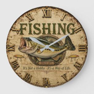 Vintage Bass Fishing Rustic Fisherman Decor Large Clock