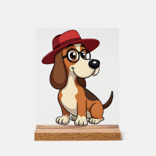 Vintage Basset Hound Cartoon in Red Hat Cute Dog I Acrylic Sign