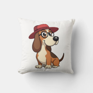 Vintage Basset Hound Cartoon in Red Hat Cute Dog I Cushion