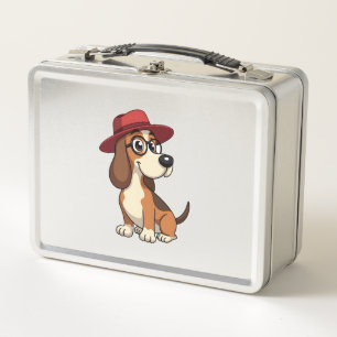 Vintage Basset Hound Cartoon in Red Hat Cute Dog I Metal Lunch Box