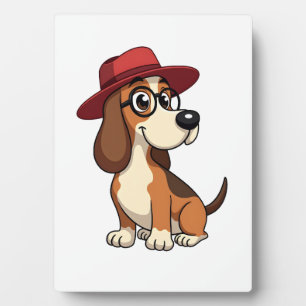 Vintage Basset Hound Cartoon in Red Hat Cute Dog I Plaque