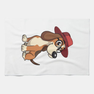 Vintage Basset Hound Cartoon in Red Hat Cute Dog I Tea Towel