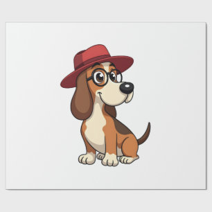 Vintage Basset Hound Cartoon in Red Hat Cute Dog I Wrapping Paper