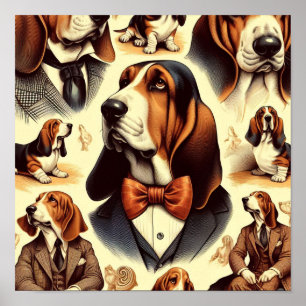 Vintage Basset Hound  Illustration Poster