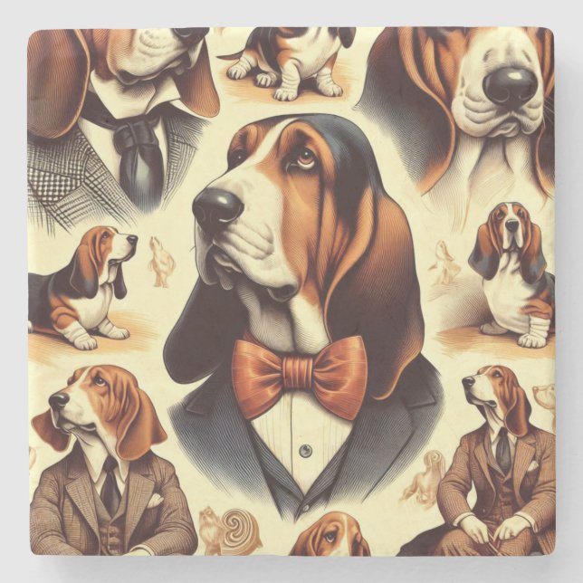 Vintage Basset Hound  Illustration Stone Coaster (Front)
