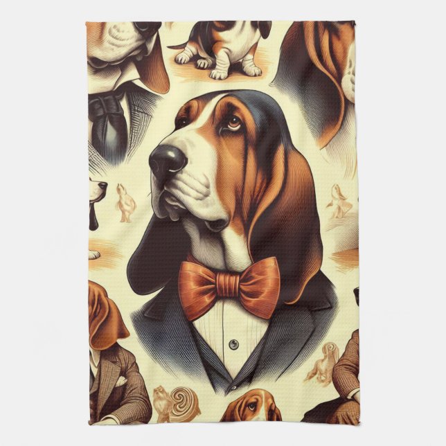 Vintage Basset Hound  Illustration Tea Towel (Vertical)