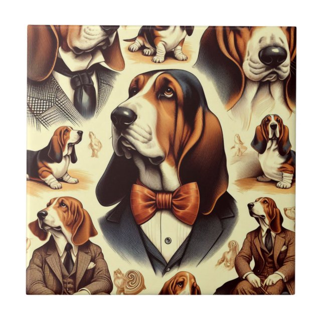 Vintage Basset Hound  Illustration Tile (Front)