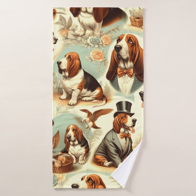 Vintage Basset Hound  Seamless Illustration Bath Towel (Bath Towel)