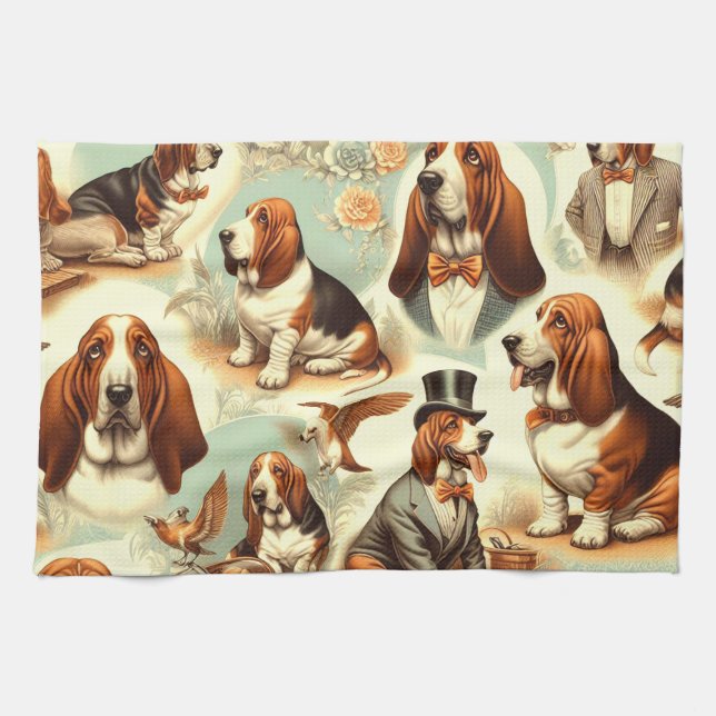 Vintage Basset Hound  Seamless Illustration Tea Towel (Horizontal)