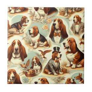 Vintage Basset Hound Seamless Illustration Tile