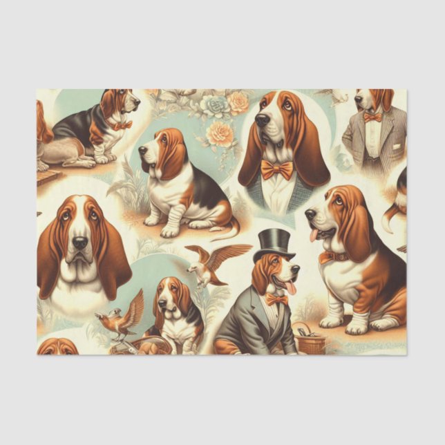 Vintage Basset Hound  Seamless Illustration Tissue Paper (Front)
