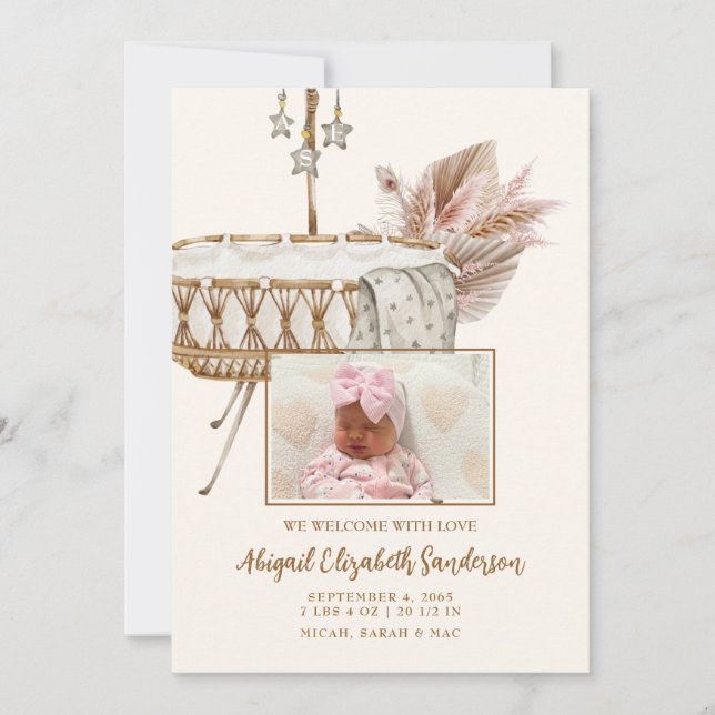 Vintage Bassinet Pampas Photo Birth Announcement (Front)