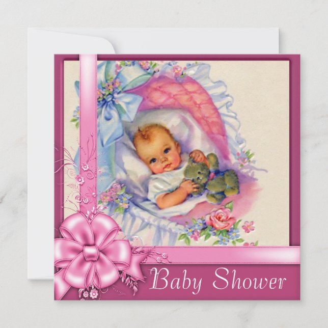 Vintage Bassinet Pink Roses Baby Girl Shower Invitation (Front)