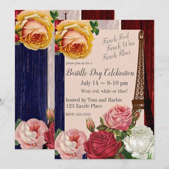 Vintage Bastille Day Roses Invitation (Front/Back)