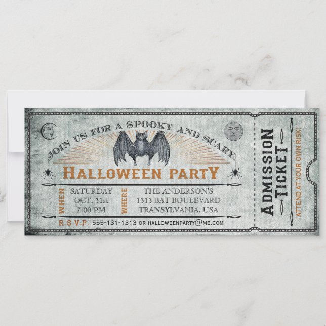 Vintage Bat Halloween Ticket Invitation II (Front)