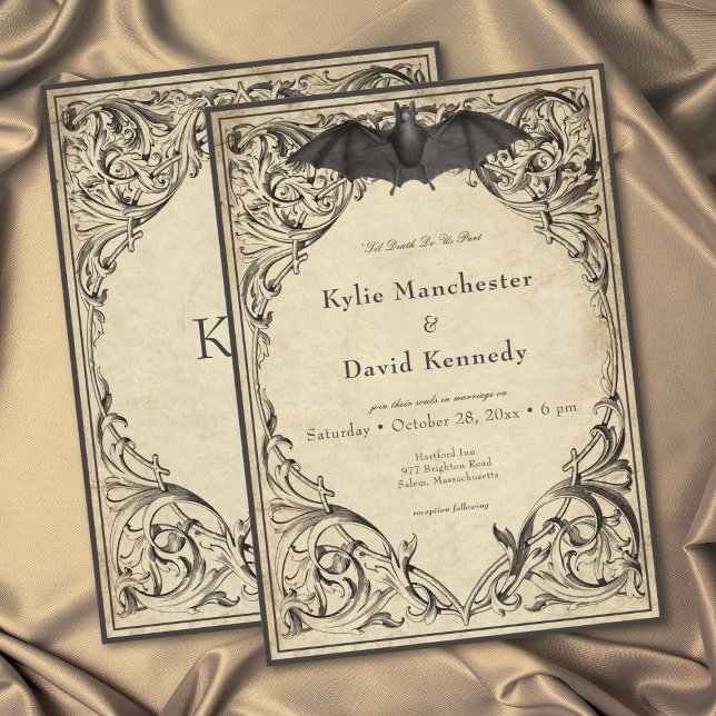 Vintage Bat Until Death Black Parchment Wedding Invitation (Vintage Bat Until Death Black Parchment Wedding Invitation)