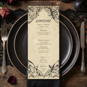 Vintage Bat Until Death Black Parchment Wedding Menu