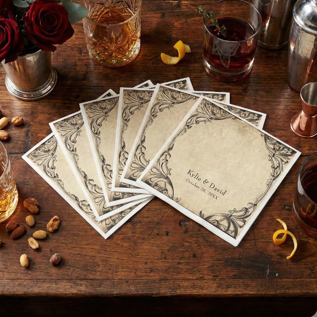 Vintage Bat Until Death Black Parchment Wedding Napkin (Vintage Bat Until Death Black Parchment Wedding Napkins)