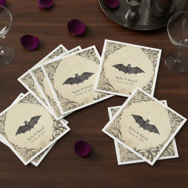 Vintage Bat Until Death Black Parchment Wedding Napkin (Creator Uploaded)