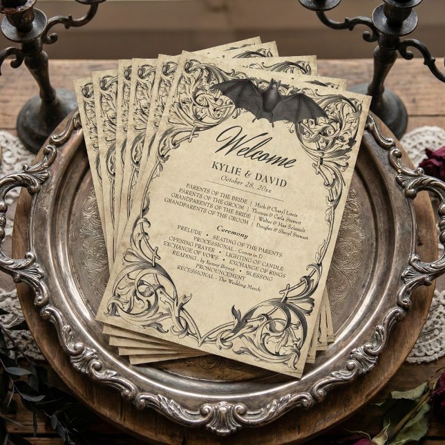 Vintage Bat Until Death Black Parchment Wedding Programme (Vintage Bat Until Death Black Parchment Wedding Program)